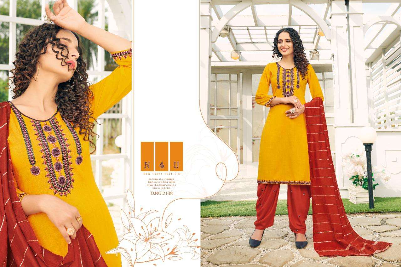 PATIYALA BY N4U 2138 TO 2141 SERIES BEAUTIFUL PATIYALA SUITS STYLISH FANCY COLORFUL PARTY WEAR & OCCASIONAL WEAR VISCOSE RAYON SLUB EMBROIDERED DRESSES AT WHOLESALE PRICE