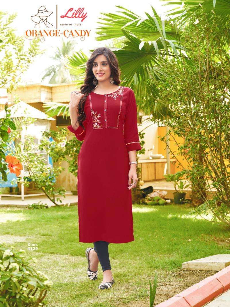 ORANGE CANDY BY LILLY 4128 TO 4133 SERIES DESIGNER STYLISH FANCY COLORFUL BEAUTIFUL PARTY WEAR & ETHNIC WEAR COLLECTION RAYON EMBROIDERY KURTIS AT WHOLESALE PRICE