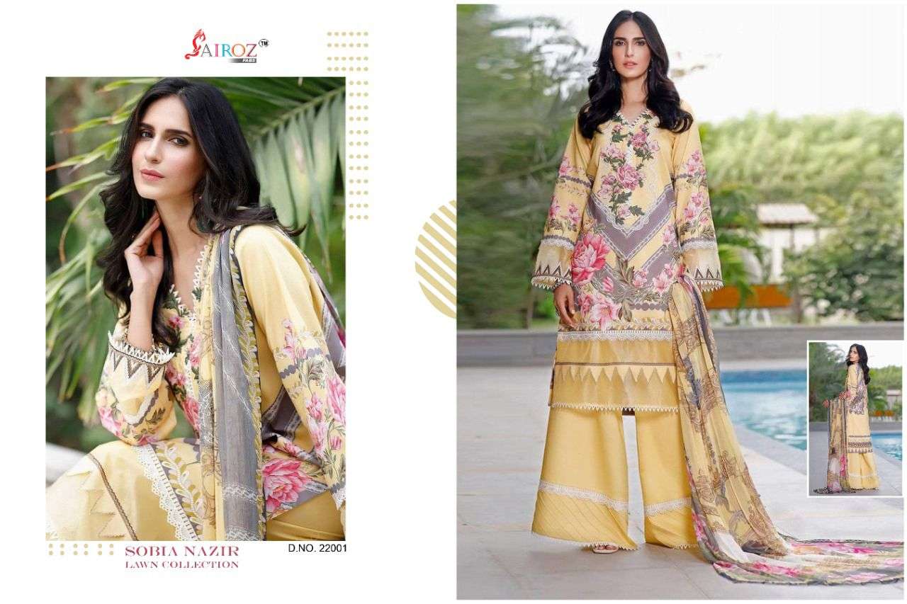 SOBIA NAZIR LAWN COLLECTION BY SAIROZ FABS 22001 TO 22003 SERIES PAKISTANI SUITS BEAUTIFUL FANCY COLORFUL STYLISH PARTY WEAR & OCCASIONAL WEAR PURE COTTON DIGITAL PRINT DRESSES AT WHOLESALE PRICE