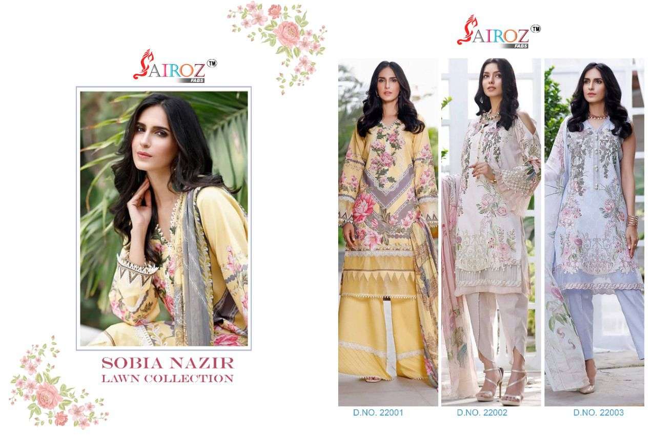 SOBIA NAZIR LAWN COLLECTION BY SAIROZ FABS 22001 TO 22003 SERIES PAKISTANI SUITS BEAUTIFUL FANCY COLORFUL STYLISH PARTY WEAR & OCCASIONAL WEAR PURE COTTON DIGITAL PRINT DRESSES AT WHOLESALE PRICE