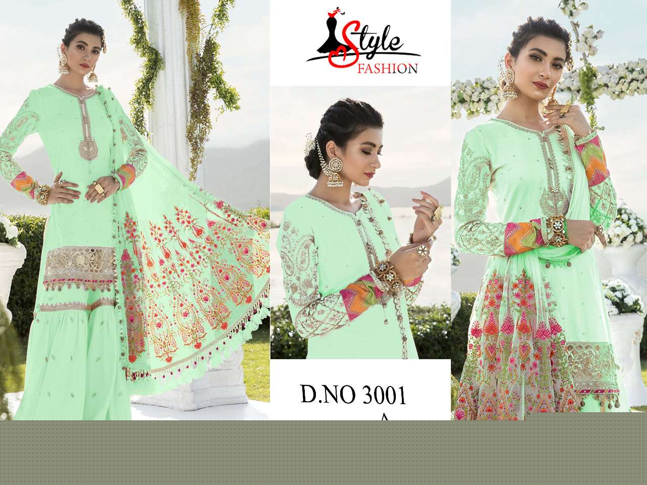 STYLE FASHION HIT DESIGN 3001 COLOURS BY STYLE FASHION 3001-A TO 3001-D SERIES DESIGNER PAKISTANI SUITS BEAUTIFUL STYLISH FANCY COLORFUL PARTY WEAR & OCCASIONAL WEAR HEAVY GEORGETTE EMBROIDERED DRESSES AT WHOLESALE PRICE