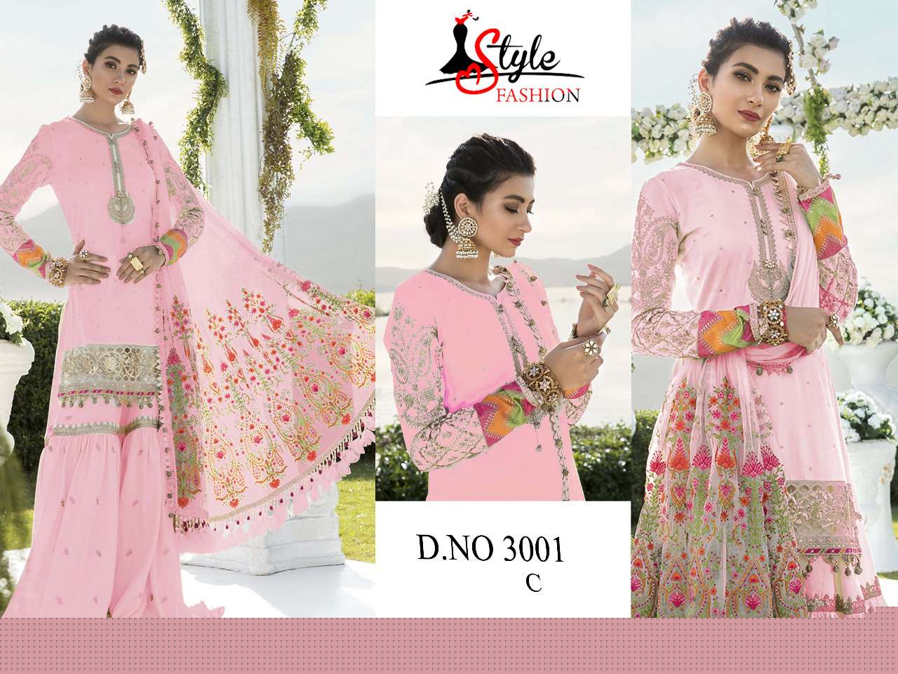 STYLE FASHION HIT DESIGN 3001 COLOURS BY STYLE FASHION 3001-A TO 3001-D SERIES DESIGNER PAKISTANI SUITS BEAUTIFUL STYLISH FANCY COLORFUL PARTY WEAR & OCCASIONAL WEAR HEAVY GEORGETTE EMBROIDERED DRESSES AT WHOLESALE PRICE