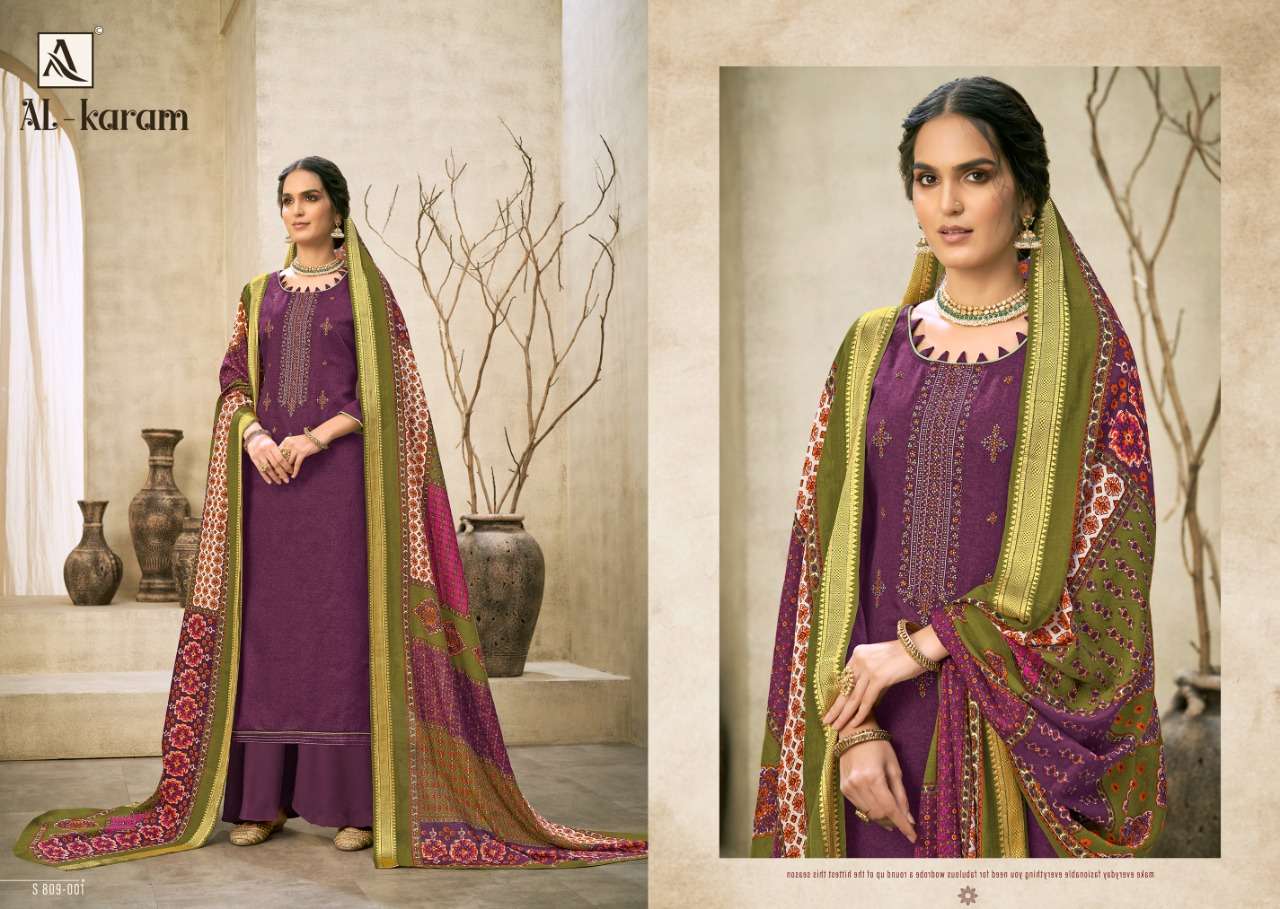AL-KARAM BY ALOK SUITS 809-001 TO 809-010 SERIES BEAUTIFUL SUITS COLORFUL STYLISH FANCY CASUAL WEAR & ETHNIC WEAR PURE JAM COTTON PRINT EMBROIDERED DRESSES AT WHOLESALE PRICE