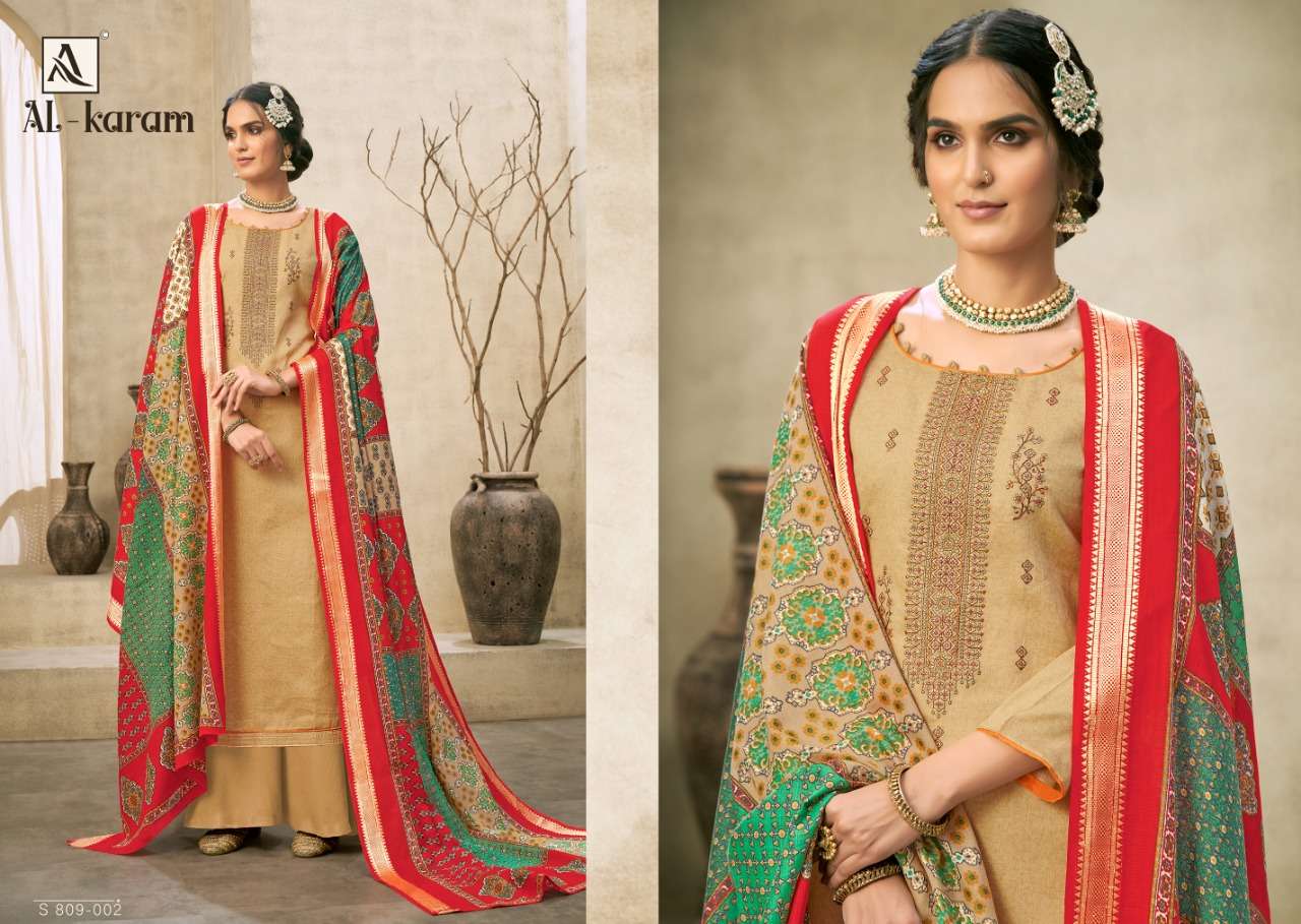 AL-KARAM BY ALOK SUITS 809-001 TO 809-010 SERIES BEAUTIFUL SUITS COLORFUL STYLISH FANCY CASUAL WEAR & ETHNIC WEAR PURE JAM COTTON PRINT EMBROIDERED DRESSES AT WHOLESALE PRICE