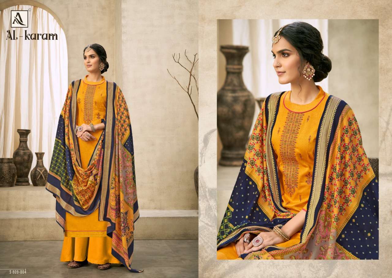 AL-KARAM BY ALOK SUITS 809-001 TO 809-010 SERIES BEAUTIFUL SUITS COLORFUL STYLISH FANCY CASUAL WEAR & ETHNIC WEAR PURE JAM COTTON PRINT EMBROIDERED DRESSES AT WHOLESALE PRICE