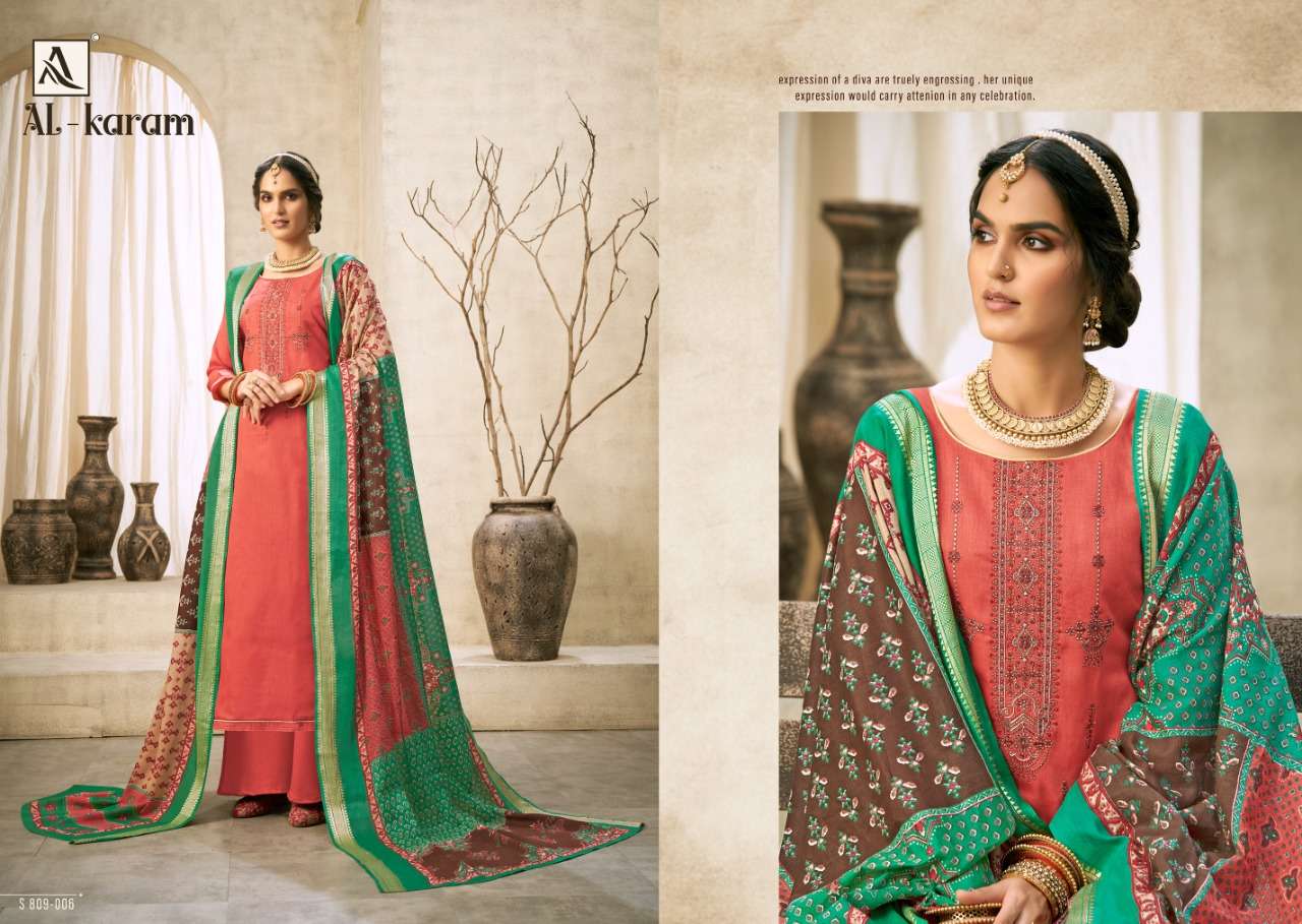 AL-KARAM BY ALOK SUITS 809-001 TO 809-010 SERIES BEAUTIFUL SUITS COLORFUL STYLISH FANCY CASUAL WEAR & ETHNIC WEAR PURE JAM COTTON PRINT EMBROIDERED DRESSES AT WHOLESALE PRICE