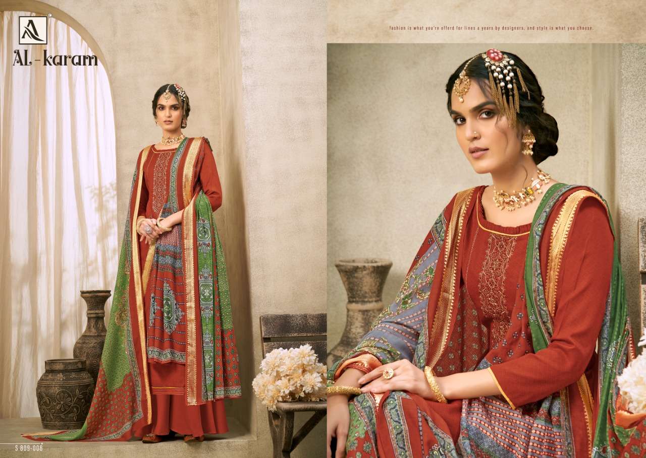 AL-KARAM BY ALOK SUITS 809-001 TO 809-010 SERIES BEAUTIFUL SUITS COLORFUL STYLISH FANCY CASUAL WEAR & ETHNIC WEAR PURE JAM COTTON PRINT EMBROIDERED DRESSES AT WHOLESALE PRICE