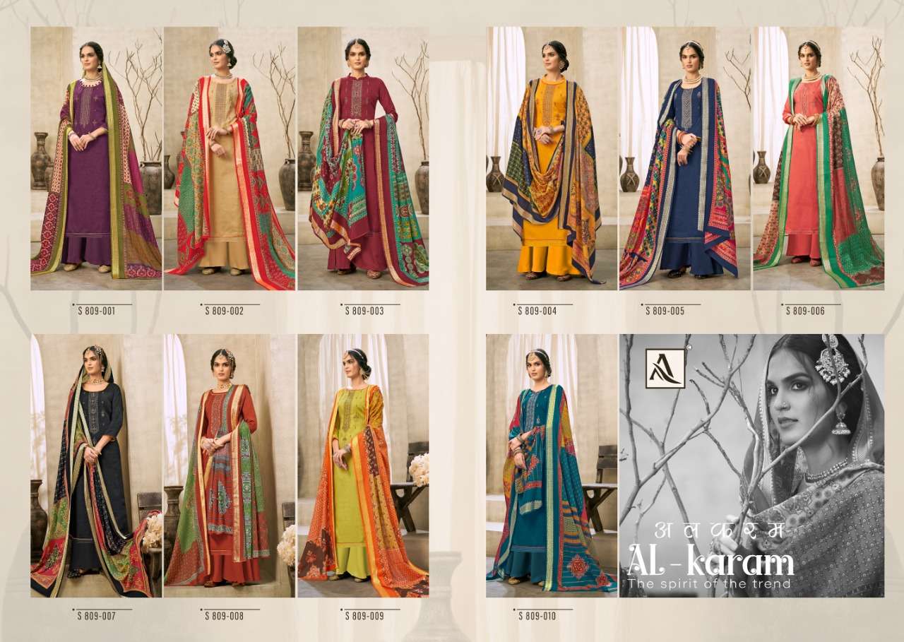 AL-KARAM BY ALOK SUITS 809-001 TO 809-010 SERIES BEAUTIFUL SUITS COLORFUL STYLISH FANCY CASUAL WEAR & ETHNIC WEAR PURE JAM COTTON PRINT EMBROIDERED DRESSES AT WHOLESALE PRICE