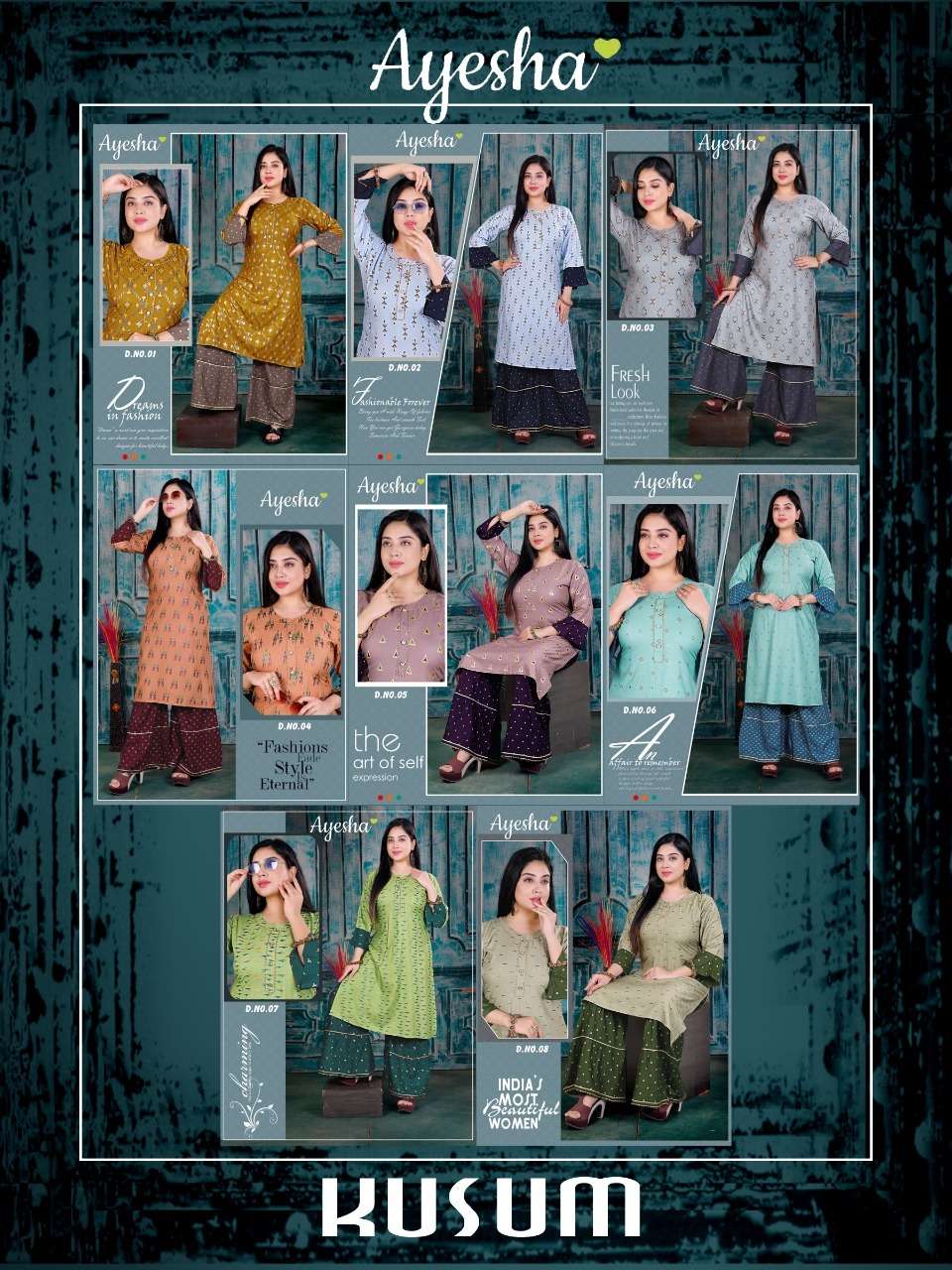 KUSUM BY AYESHA 01 TO 08 SERIES DESIGNER STYLISH FANCY COLORFUL BEAUTIFUL PARTY WEAR & ETHNIC WEAR COLLECTION RAYON GOLD PRINT KURTIS WITH BOTTOM AT WHOLESALE PRICE