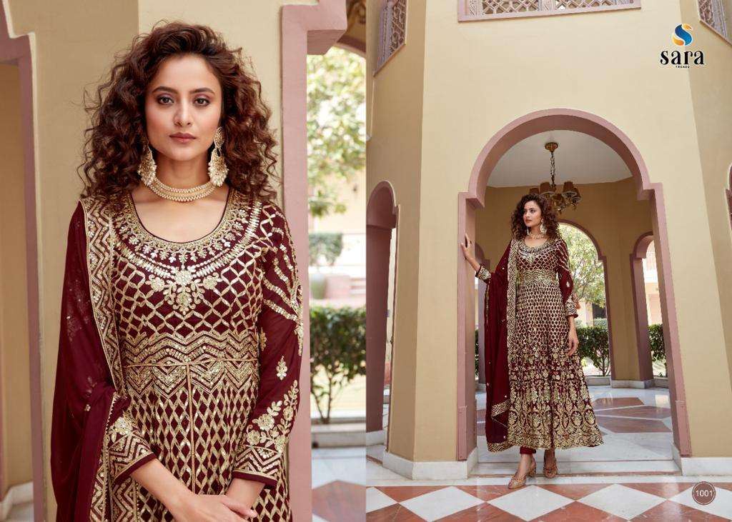 TRISHA BY SARA TRENDZ 1001 TO 1004 SERIES BEAUTIFUL STYLISH ANARKALI SUITS FANCY COLORFUL CASUAL WEAR & ETHNIC WEAR & READY TO WEAR HEAVY FAUX GEORGETTE PRINTED DRESSES AT WHOLESALE PRICE