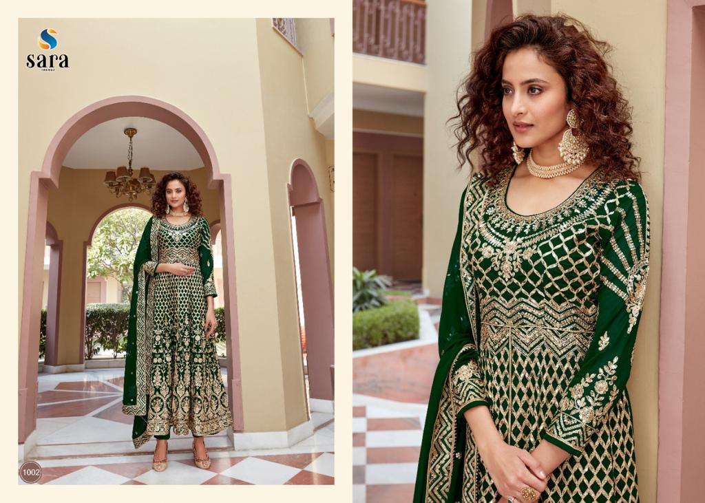 TRISHA BY SARA TRENDZ 1001 TO 1004 SERIES BEAUTIFUL STYLISH ANARKALI SUITS FANCY COLORFUL CASUAL WEAR & ETHNIC WEAR & READY TO WEAR HEAVY FAUX GEORGETTE PRINTED DRESSES AT WHOLESALE PRICE