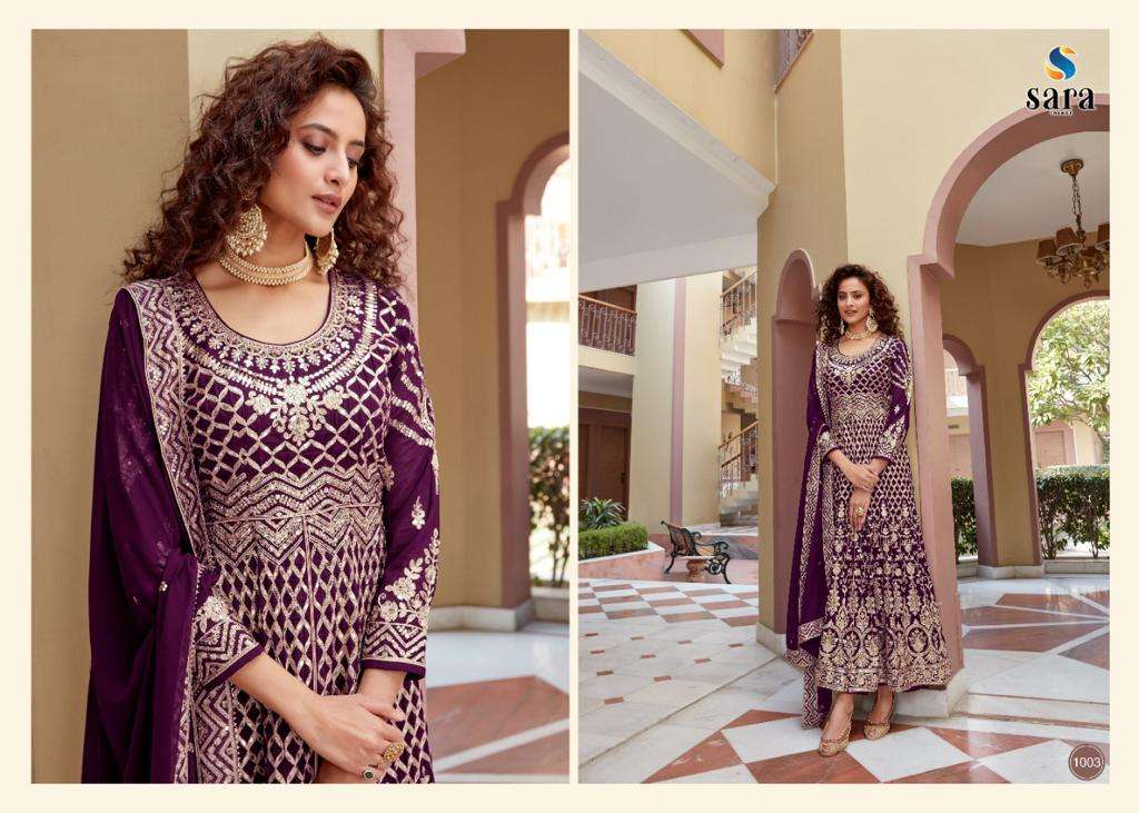 TRISHA BY SARA TRENDZ 1001 TO 1004 SERIES BEAUTIFUL STYLISH ANARKALI SUITS FANCY COLORFUL CASUAL WEAR & ETHNIC WEAR & READY TO WEAR HEAVY FAUX GEORGETTE PRINTED DRESSES AT WHOLESALE PRICE