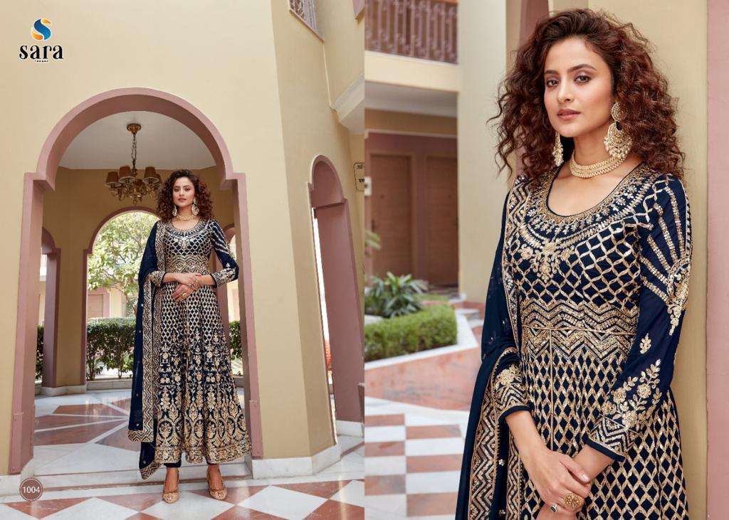 TRISHA BY SARA TRENDZ 1001 TO 1004 SERIES BEAUTIFUL STYLISH ANARKALI SUITS FANCY COLORFUL CASUAL WEAR & ETHNIC WEAR & READY TO WEAR HEAVY FAUX GEORGETTE PRINTED DRESSES AT WHOLESALE PRICE