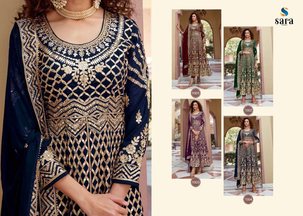 TRISHA BY SARA TRENDZ 1001 TO 1004 SERIES BEAUTIFUL STYLISH ANARKALI SUITS FANCY COLORFUL CASUAL WEAR & ETHNIC WEAR & READY TO WEAR HEAVY FAUX GEORGETTE PRINTED DRESSES AT WHOLESALE PRICE