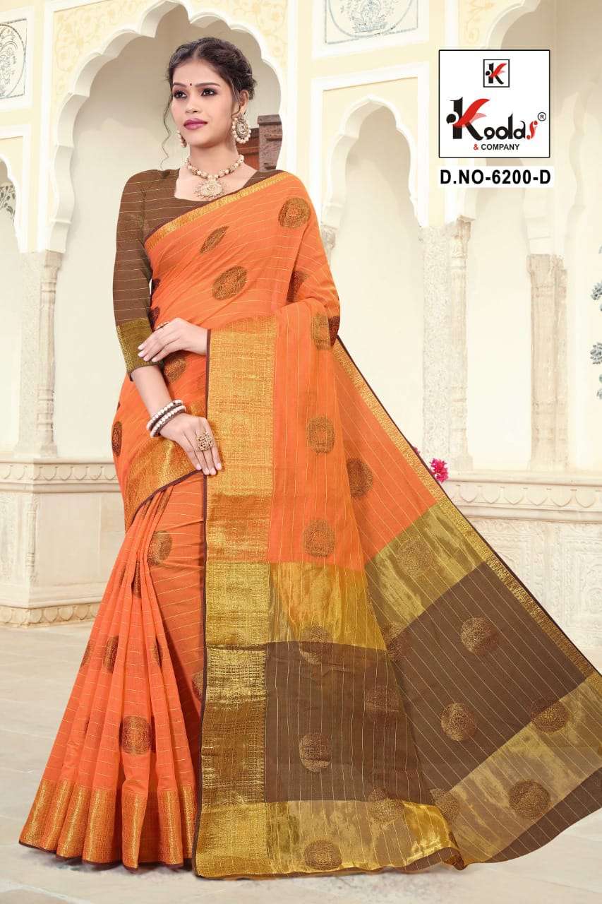 RIDHIMA 6200 BY KODAS 6200-A TO 6200-D SERIES INDIAN TRADITIONAL WEAR COLLECTION BEAUTIFUL STYLISH FANCY COLORFUL PARTY WEAR & OCCASIONAL WEAR COTTON SAREES AT WHOLESALE PRICE