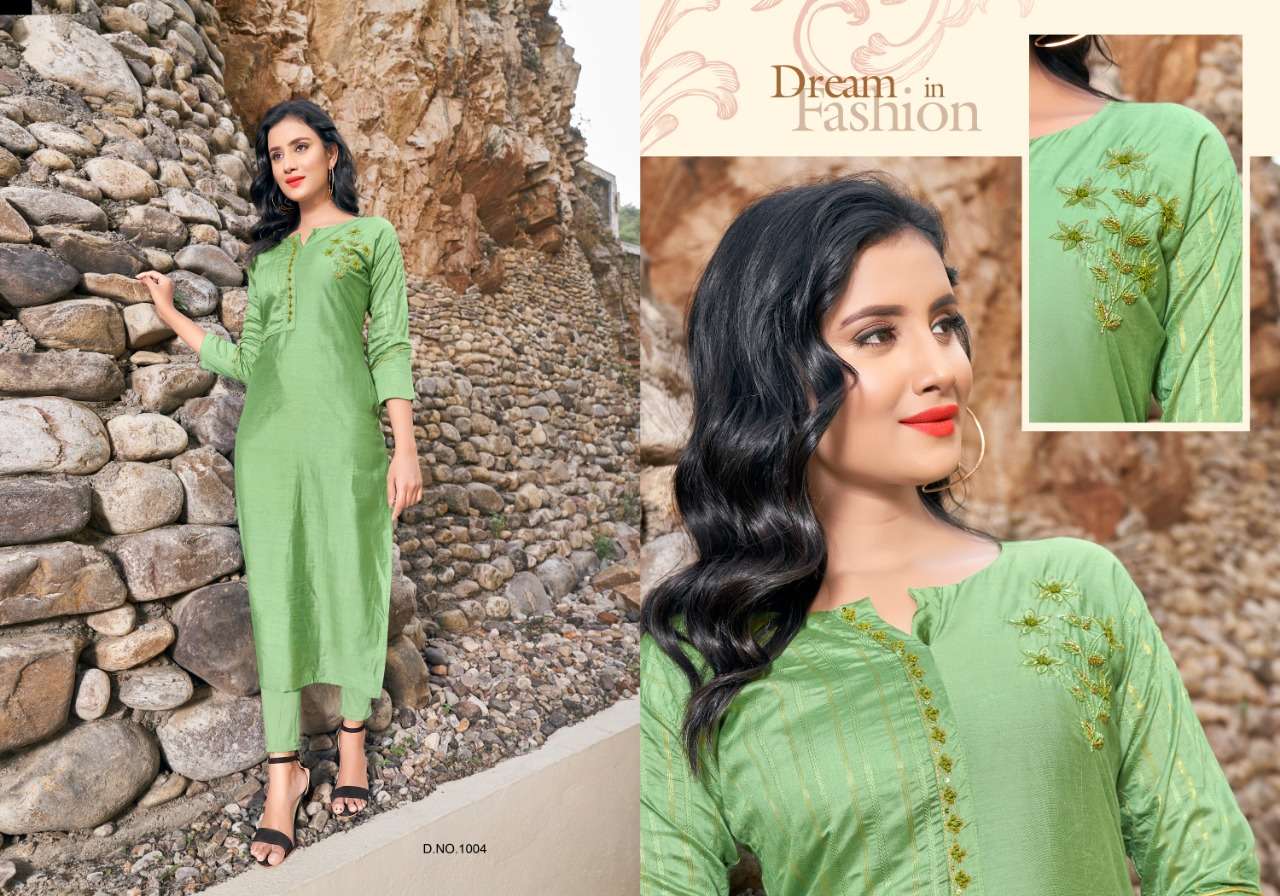 SIMRAN BY SELESTA 1001 TO 1005 SERIES DESIGNER STYLISH FANCY COLORFUL BEAUTIFUL PARTY WEAR & ETHNIC WEAR COLLECTION HEAVY CHANDERI KURTIS AT WHOLESALE PRICE