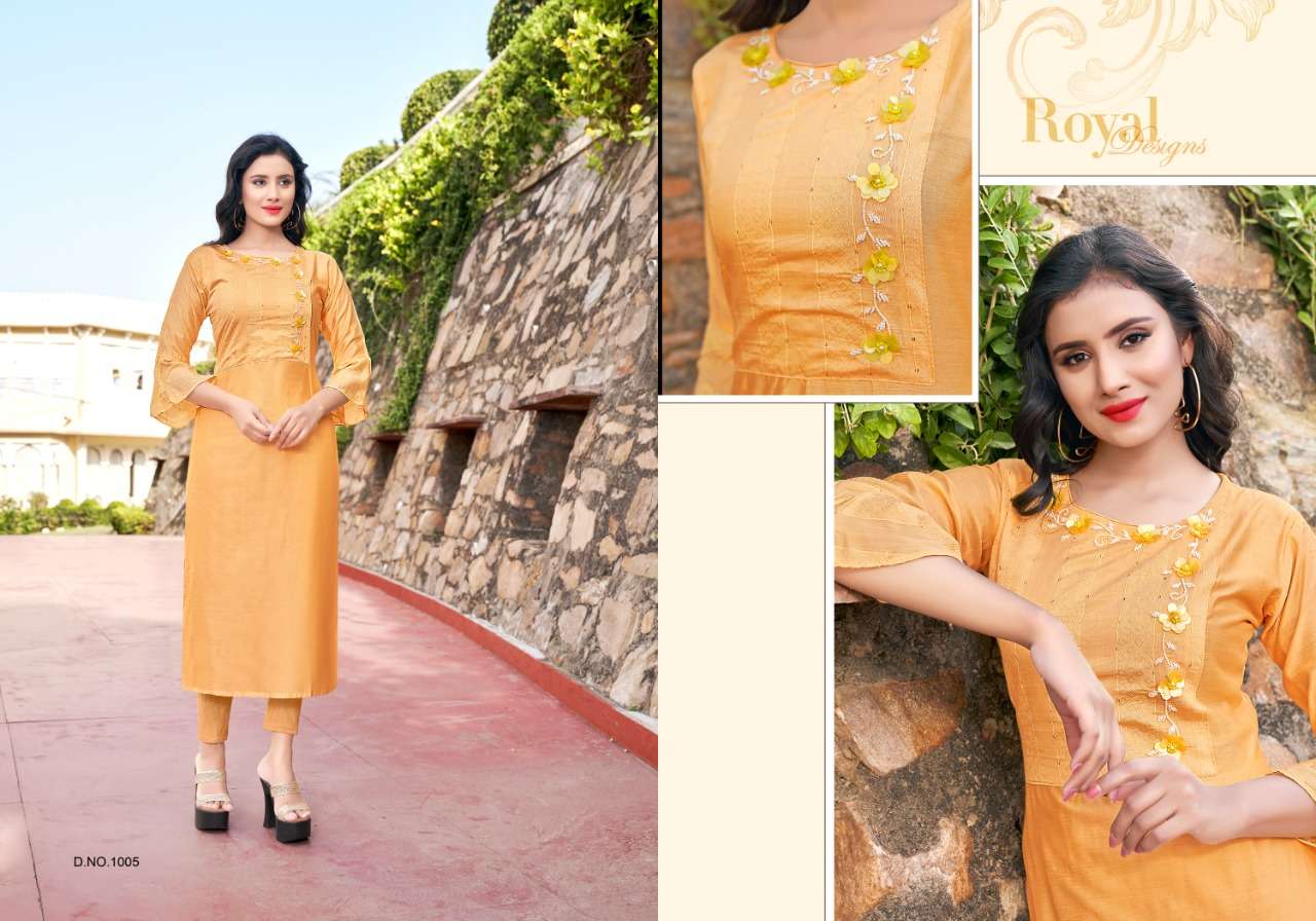 SIMRAN BY SELESTA 1001 TO 1005 SERIES DESIGNER STYLISH FANCY COLORFUL BEAUTIFUL PARTY WEAR & ETHNIC WEAR COLLECTION HEAVY CHANDERI KURTIS AT WHOLESALE PRICE