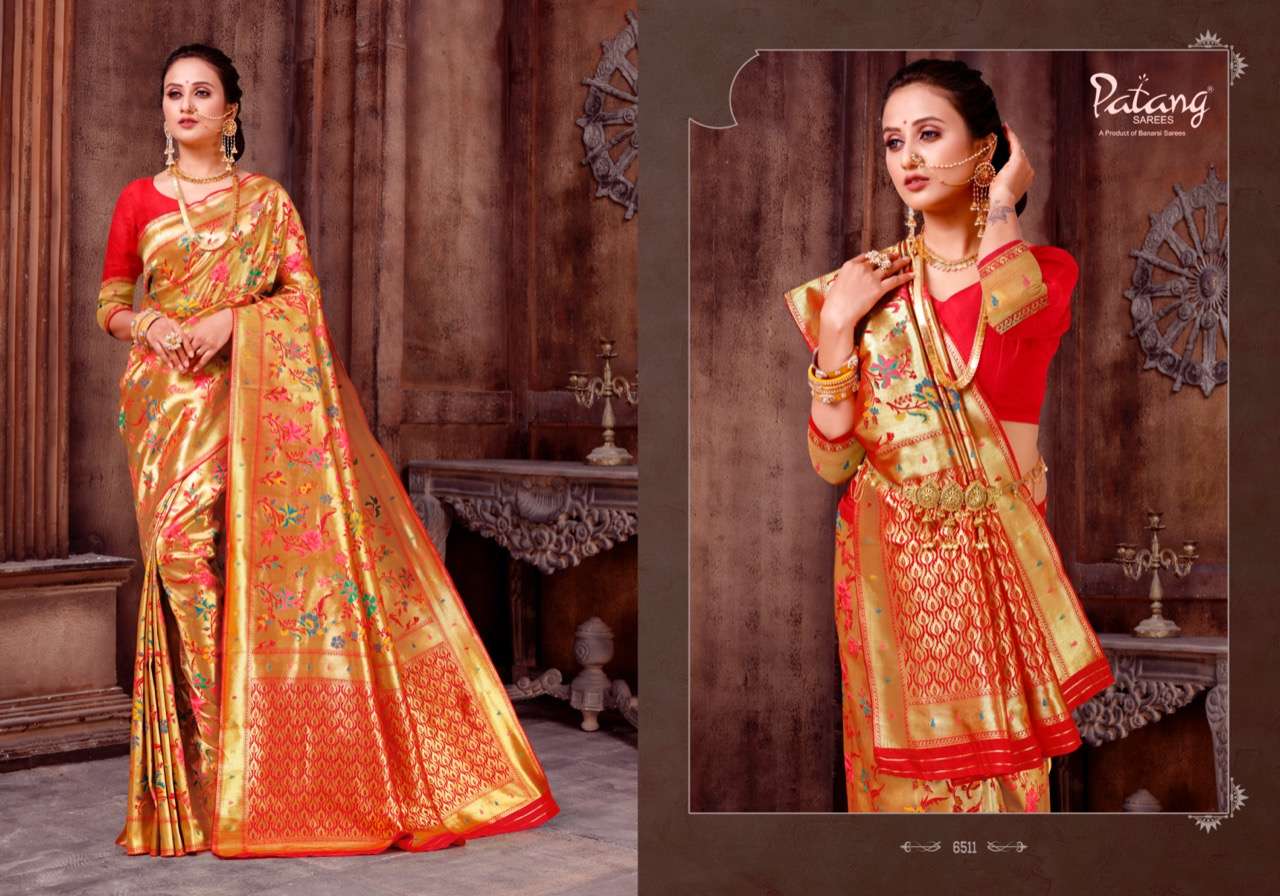 PANCHKANYA BY PATANG SAREES 6511 TO 6519 SERIES INDIAN TRADITIONAL WEAR COLLECTION BEAUTIFUL STYLISH FANCY COLORFUL PARTY WEAR & OCCASIONAL WEAR PURE JARI SAREES AT WHOLESALE PRICE