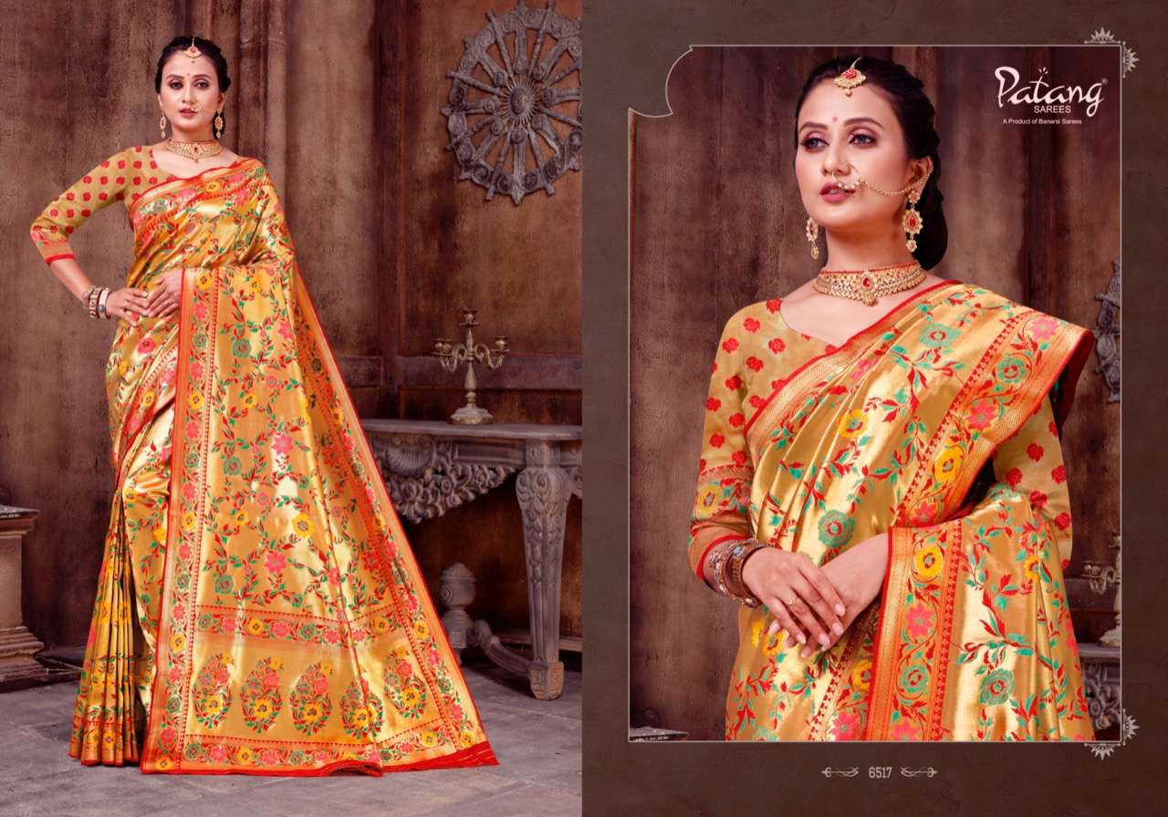PANCHKANYA BY PATANG SAREES 6511 TO 6519 SERIES INDIAN TRADITIONAL WEAR COLLECTION BEAUTIFUL STYLISH FANCY COLORFUL PARTY WEAR & OCCASIONAL WEAR PURE JARI SAREES AT WHOLESALE PRICE