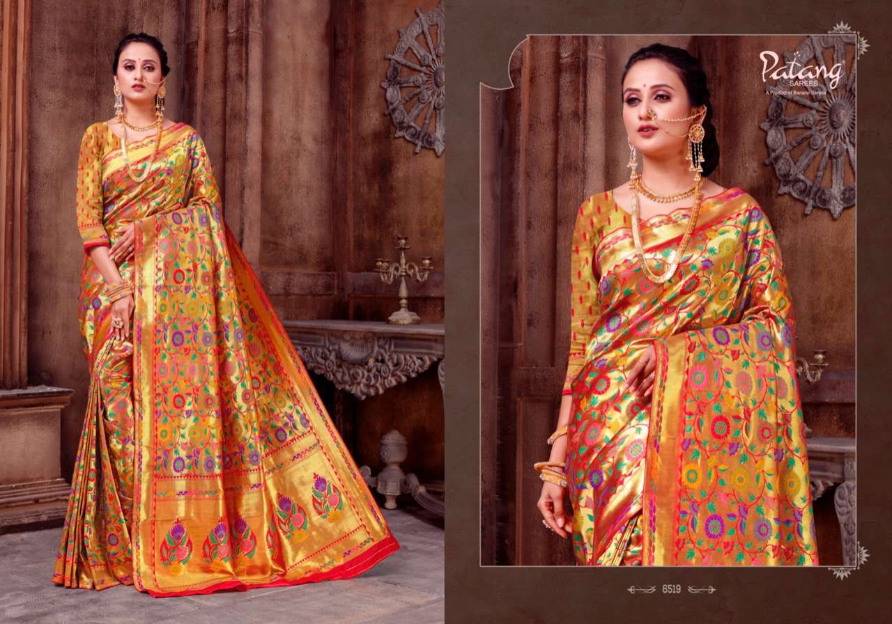PANCHKANYA BY PATANG SAREES 6511 TO 6519 SERIES INDIAN TRADITIONAL WEAR COLLECTION BEAUTIFUL STYLISH FANCY COLORFUL PARTY WEAR & OCCASIONAL WEAR PURE JARI SAREES AT WHOLESALE PRICE