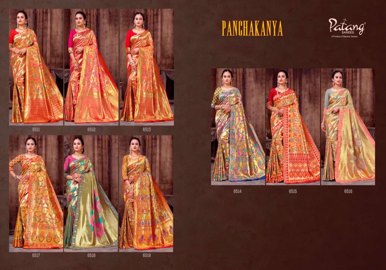 PANCHKANYA BY PATANG SAREES 6511 TO 6519 SERIES INDIAN TRADITIONAL WEAR COLLECTION BEAUTIFUL STYLISH FANCY COLORFUL PARTY WEAR & OCCASIONAL WEAR PURE JARI SAREES AT WHOLESALE PRICE