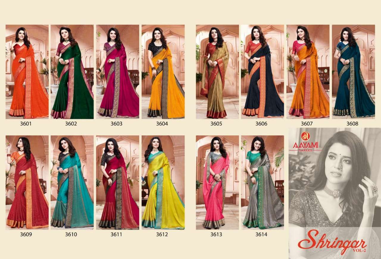 SHRINGAR VOL-2 BY AAYAMI 3601 TO 3614 SERIES INDIAN TRADITIONAL WEAR COLLECTION BEAUTIFUL STYLISH FANCY COLORFUL PARTY WEAR & OCCASIONAL WEAR GEORGETTE SAREES AT WHOLESALE PRICE
