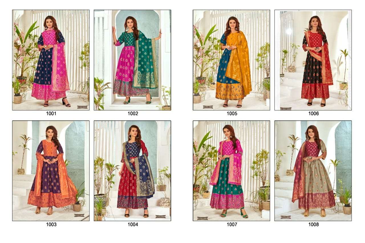 MINAKARI BY RAHUL NX 1001 TO 1008 SERIES BEAUTIFUL STYLISH FANCY COLORFUL CASUAL WEAR & ETHNIC WEAR BANARASI SILK GOWNS WITH DUPATTA AT WHOLESALE PRICE