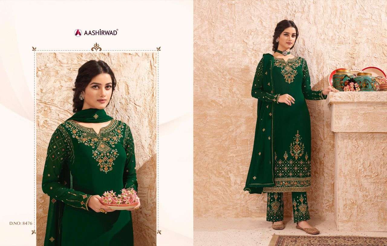 PANIHARI BY AASHIRWAD CREATION 8476 TO 8479 SERIES DESIGNER SUITS COLLECTION BEAUTIFUL STYLISH FANCY COLORFUL PARTY WEAR & OCCASIONAL WEAR REAL GEORGETTE DRESSES AT WHOLESALE PRICE