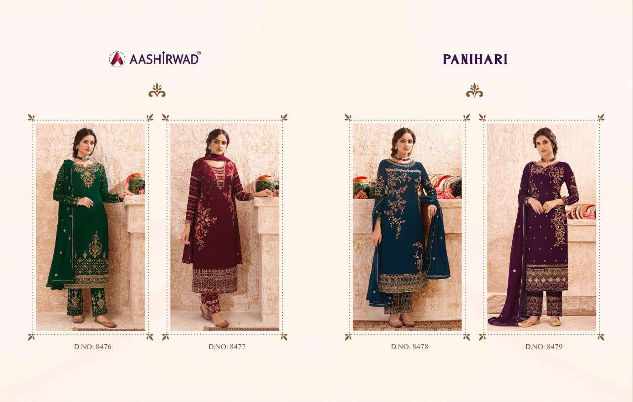 PANIHARI BY AASHIRWAD CREATION 8476 TO 8479 SERIES DESIGNER SUITS COLLECTION BEAUTIFUL STYLISH FANCY COLORFUL PARTY WEAR & OCCASIONAL WEAR REAL GEORGETTE DRESSES AT WHOLESALE PRICE