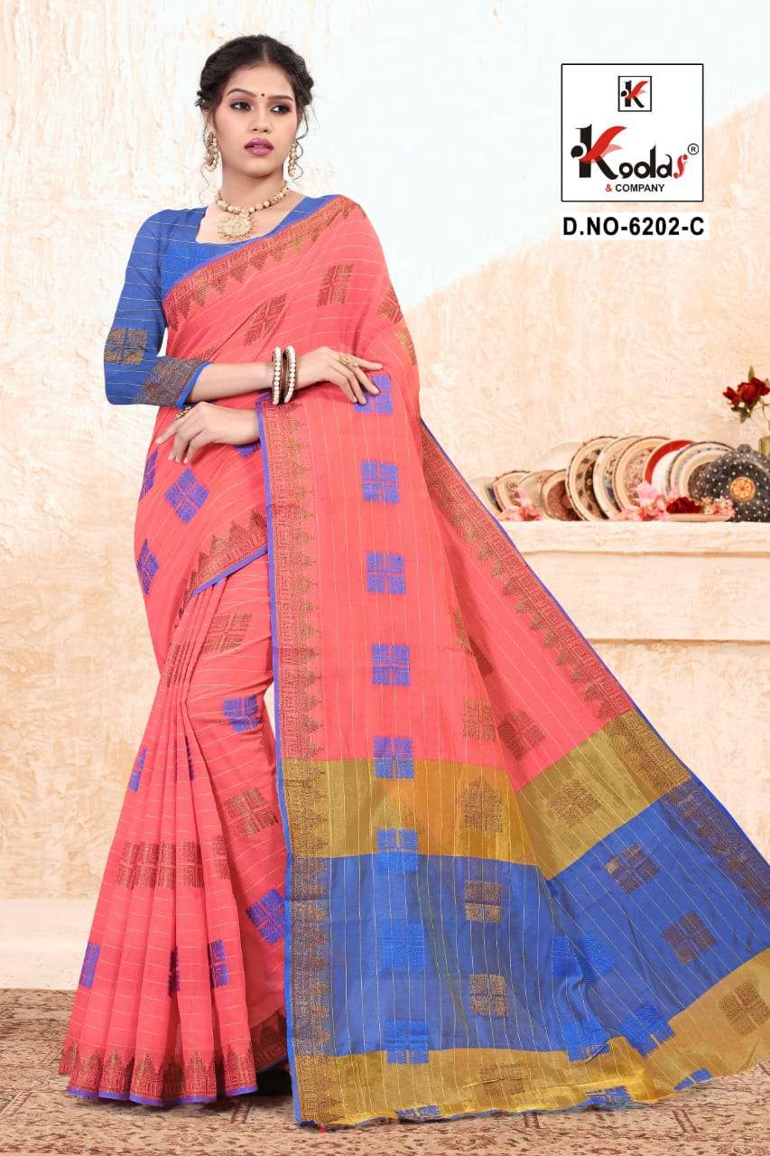 RIDHIMA 6202 BY KODAS 6202-A TO 6202-D SERIES INDIAN TRADITIONAL WEAR COLLECTION BEAUTIFUL STYLISH FANCY COLORFUL PARTY WEAR & OCCASIONAL WEAR COTTON SAREES AT WHOLESALE PRICE