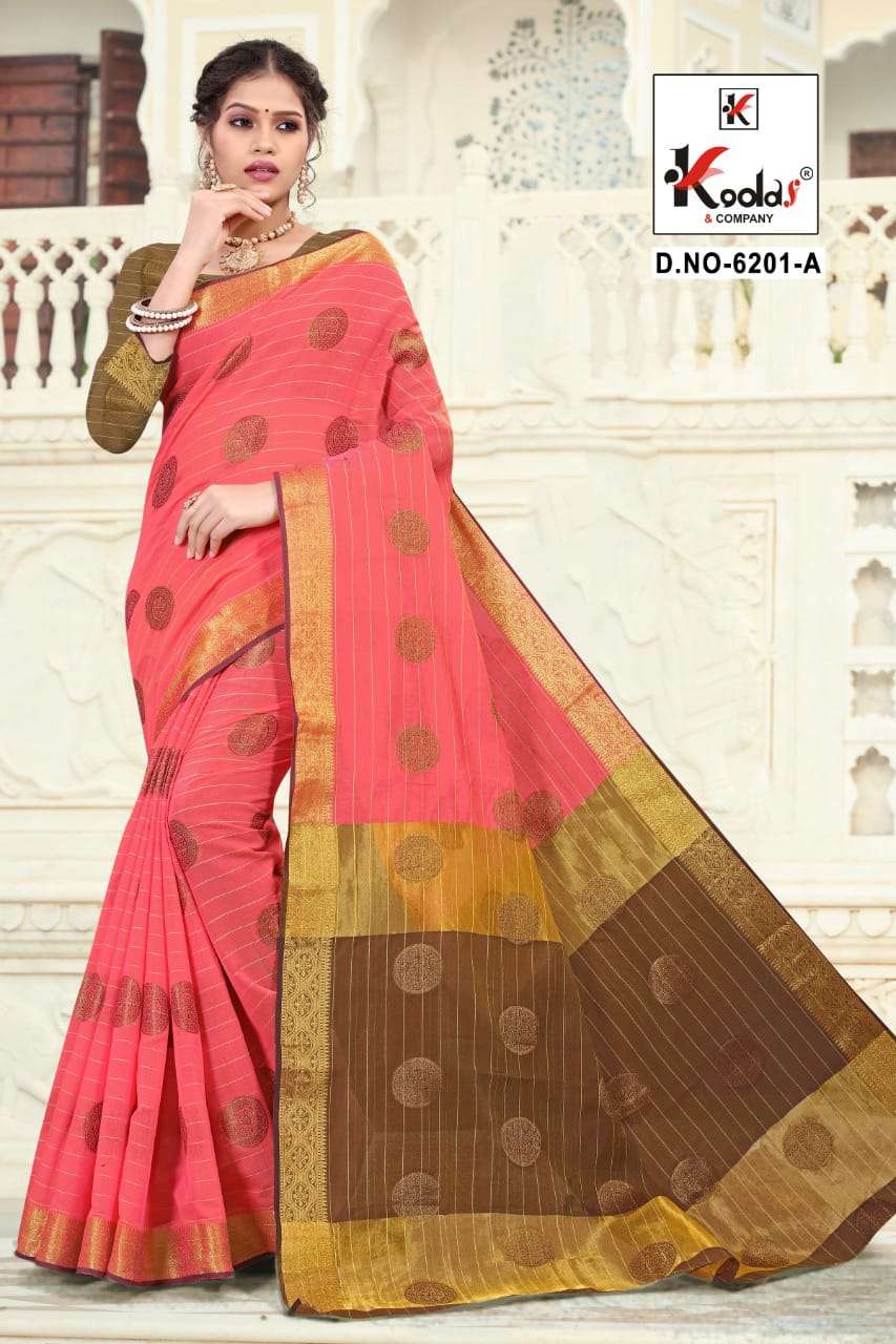 RIDHIMA 6201 BY KODAS 6201-A TO 6201-D SERIES INDIAN TRADITIONAL WEAR COLLECTION BEAUTIFUL STYLISH FANCY COLORFUL PARTY WEAR & OCCASIONAL WEAR COTTON SAREES AT WHOLESALE PRICE