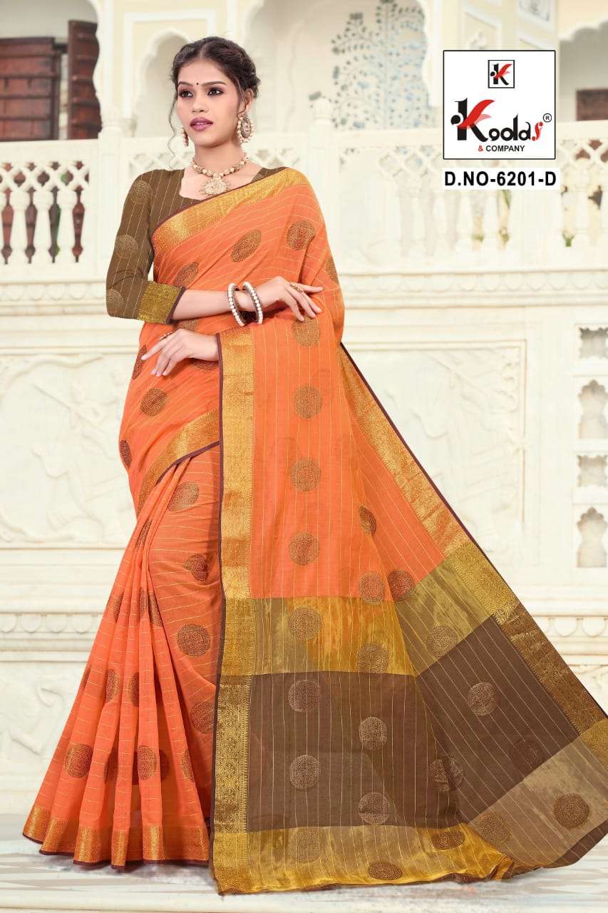 RIDHIMA 6201 BY KODAS 6201-A TO 6201-D SERIES INDIAN TRADITIONAL WEAR COLLECTION BEAUTIFUL STYLISH FANCY COLORFUL PARTY WEAR & OCCASIONAL WEAR COTTON SAREES AT WHOLESALE PRICE