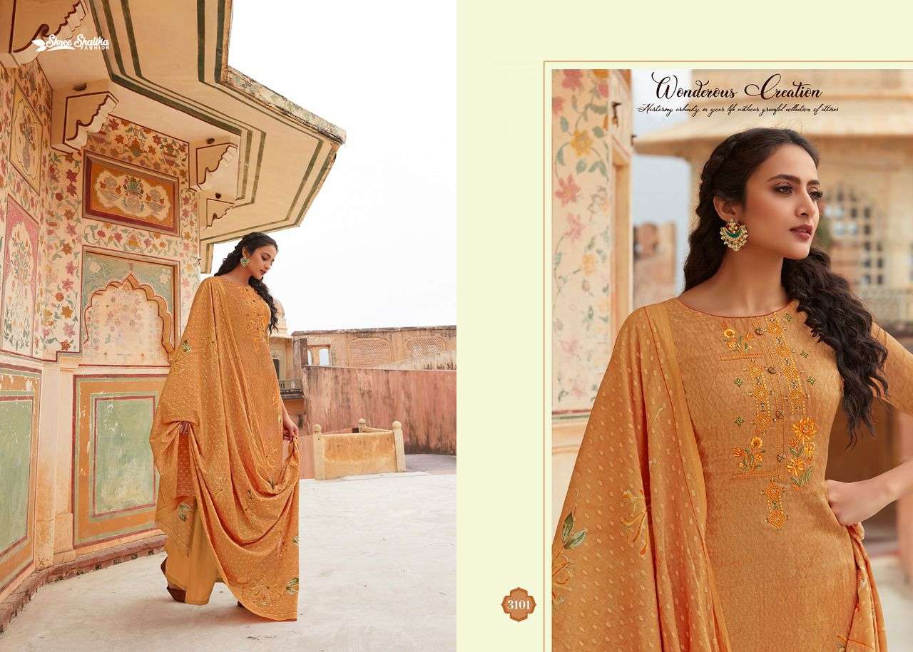 SHALIKA VOL-31 BY SHREE SHALIKA FASHION 3101 TO 3108 SERIES BEAUTIFUL STYLISH SUITS FANCY COLORFUL CASUAL WEAR & ETHNIC WEAR & READY TO WEAR PURE COTTON JACQUARD EMBROIDERED DRESSES AT WHOLESALE PRICE