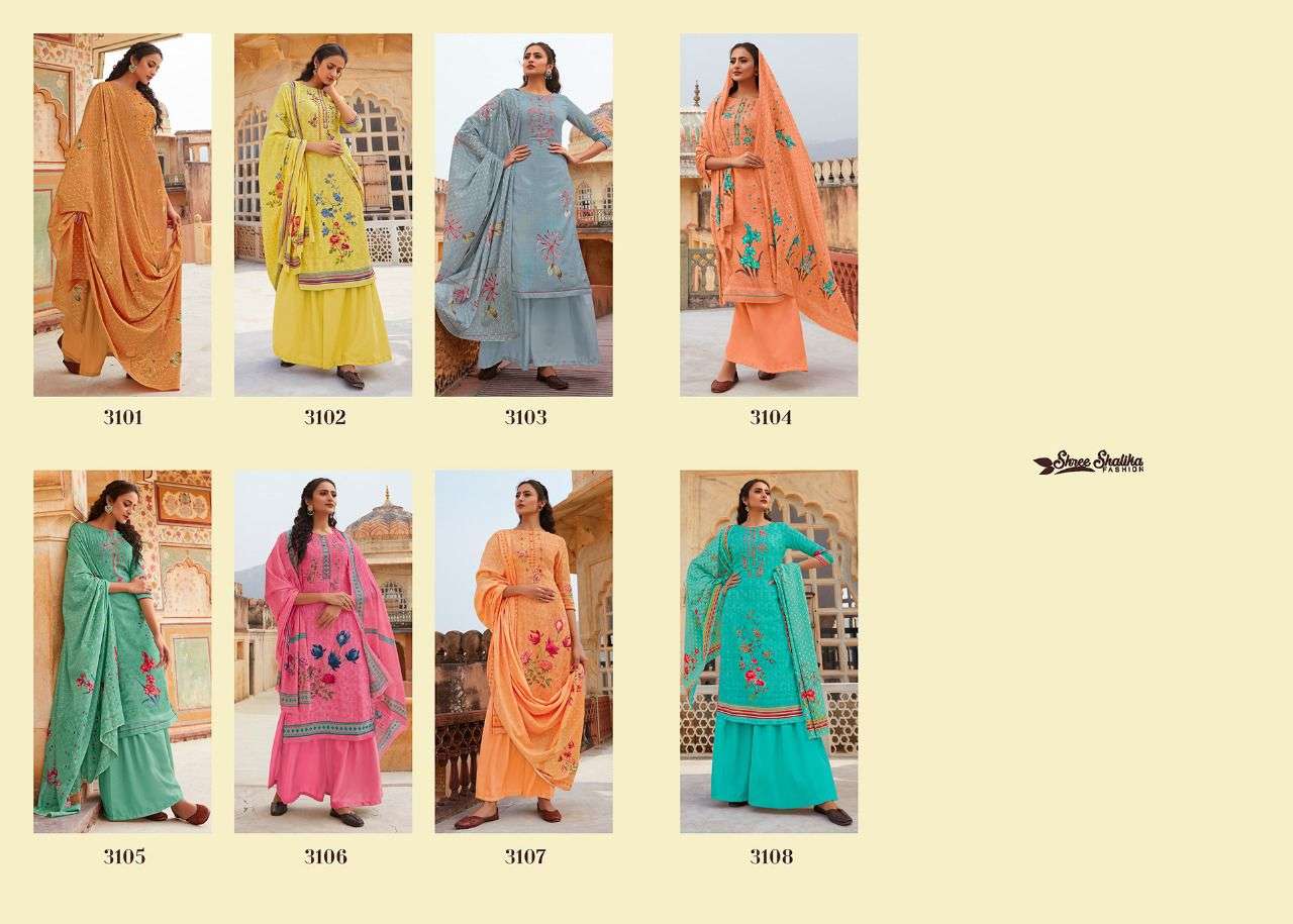 SHALIKA VOL-31 BY SHREE SHALIKA FASHION 3101 TO 3108 SERIES BEAUTIFUL STYLISH SUITS FANCY COLORFUL CASUAL WEAR & ETHNIC WEAR & READY TO WEAR PURE COTTON JACQUARD EMBROIDERED DRESSES AT WHOLESALE PRICE