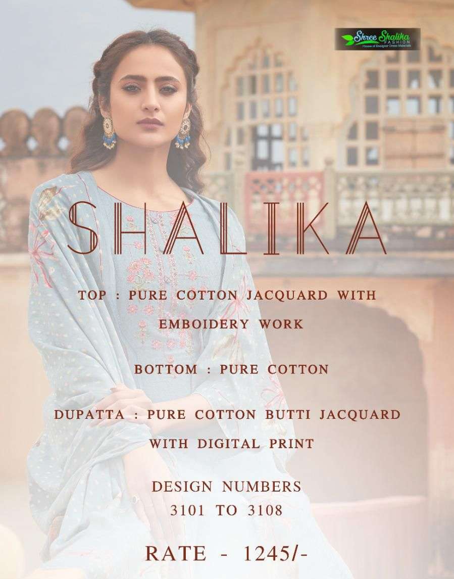 SHALIKA VOL-31 BY SHREE SHALIKA FASHION 3101 TO 3108 SERIES BEAUTIFUL STYLISH SUITS FANCY COLORFUL CASUAL WEAR & ETHNIC WEAR & READY TO WEAR PURE COTTON JACQUARD EMBROIDERED DRESSES AT WHOLESALE PRICE