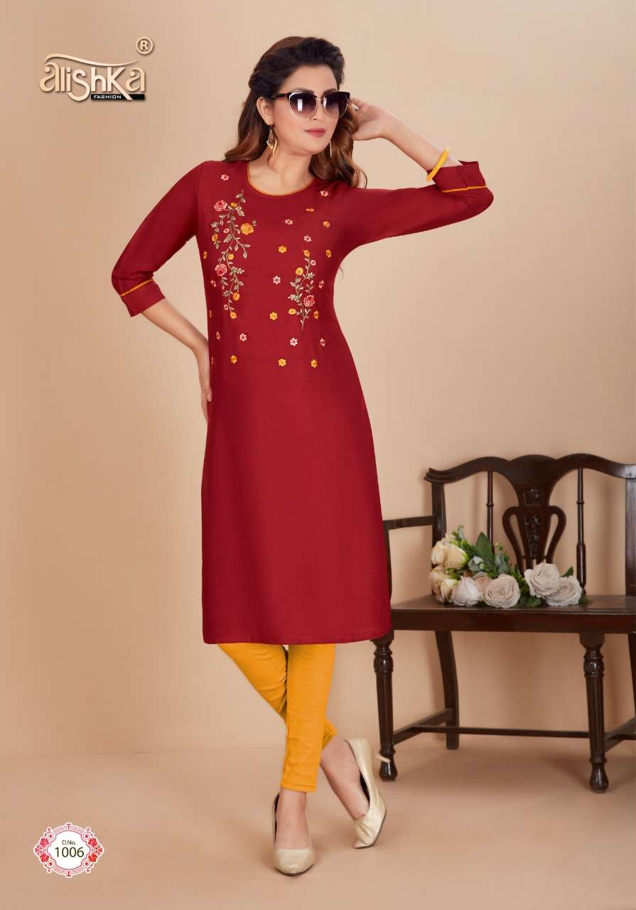 TITLI BY ALISHKA FASHION 1001 TO 1006 SERIES DESIGNER STYLISH FANCY COLORFUL BEAUTIFUL PARTY WEAR & ETHNIC WEAR COLLECTION RAYON EMBROIDERY KURTIS AT WHOLESALE PRICE