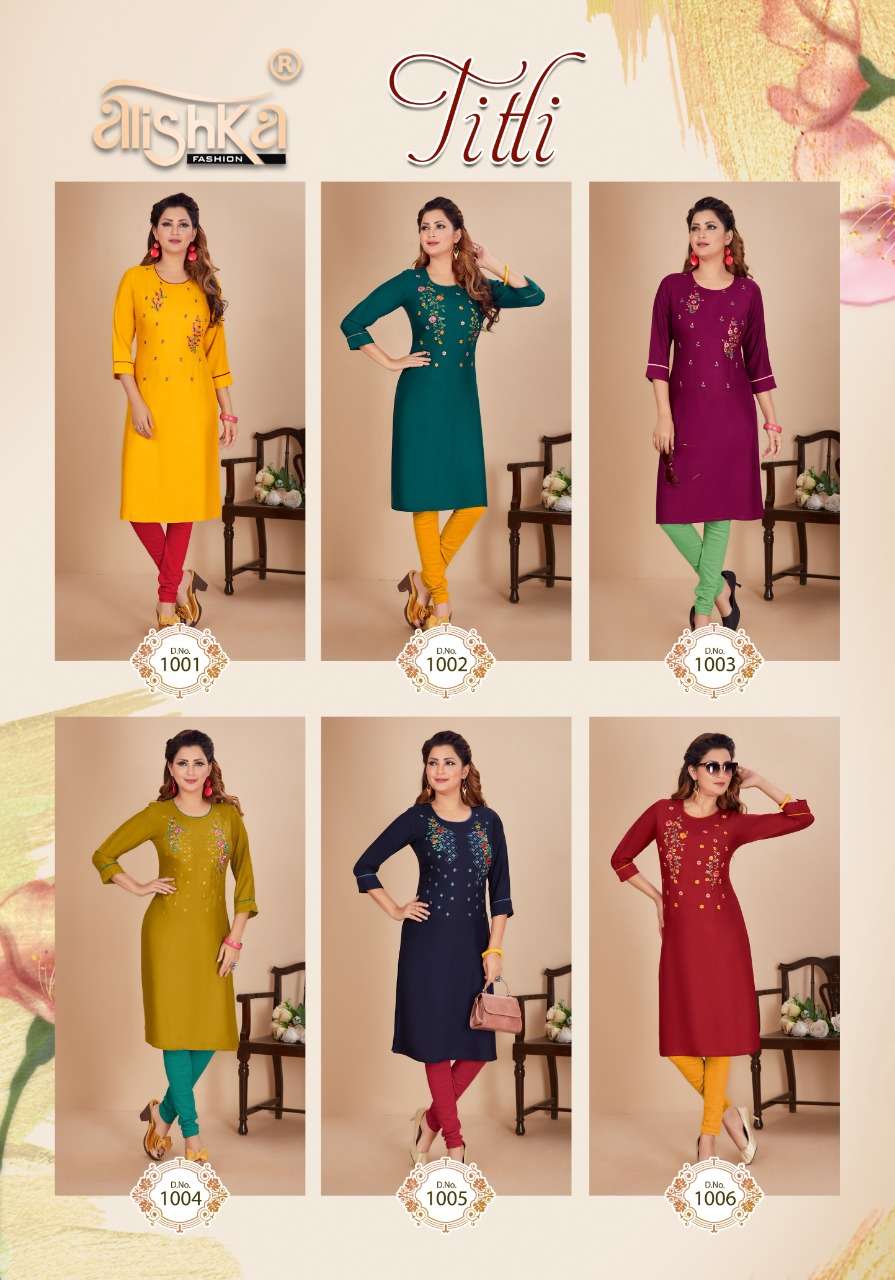 TITLI BY ALISHKA FASHION 1001 TO 1006 SERIES DESIGNER STYLISH FANCY COLORFUL BEAUTIFUL PARTY WEAR & ETHNIC WEAR COLLECTION RAYON EMBROIDERY KURTIS AT WHOLESALE PRICE