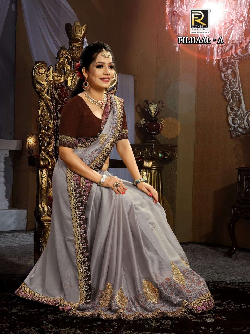 FILHAAL BY RONISHA FASHION A TO E SERIES INDIAN TRADITIONAL WEAR COLLECTION BEAUTIFUL STYLISH FANCY COLORFUL PARTY WEAR & OCCASIONAL WEAR CHIFFON DIGITAL PRINT SAREES AT WHOLESALE PRICE