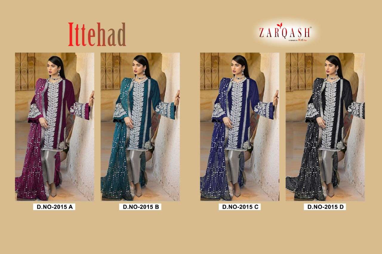 ITTEHAD BY ZARQASH 2015-A TO 2015-D SERIES DESIGNER PAKISTANI SUITS COLLECTION BEAUTIFUL STYLISH FANCY COLORFUL PARTY WEAR & OCCASIONAL WEAR FAUX GEORGETTE WITH EMBROIDERED DRESSES AT WHOLESALE PRICE