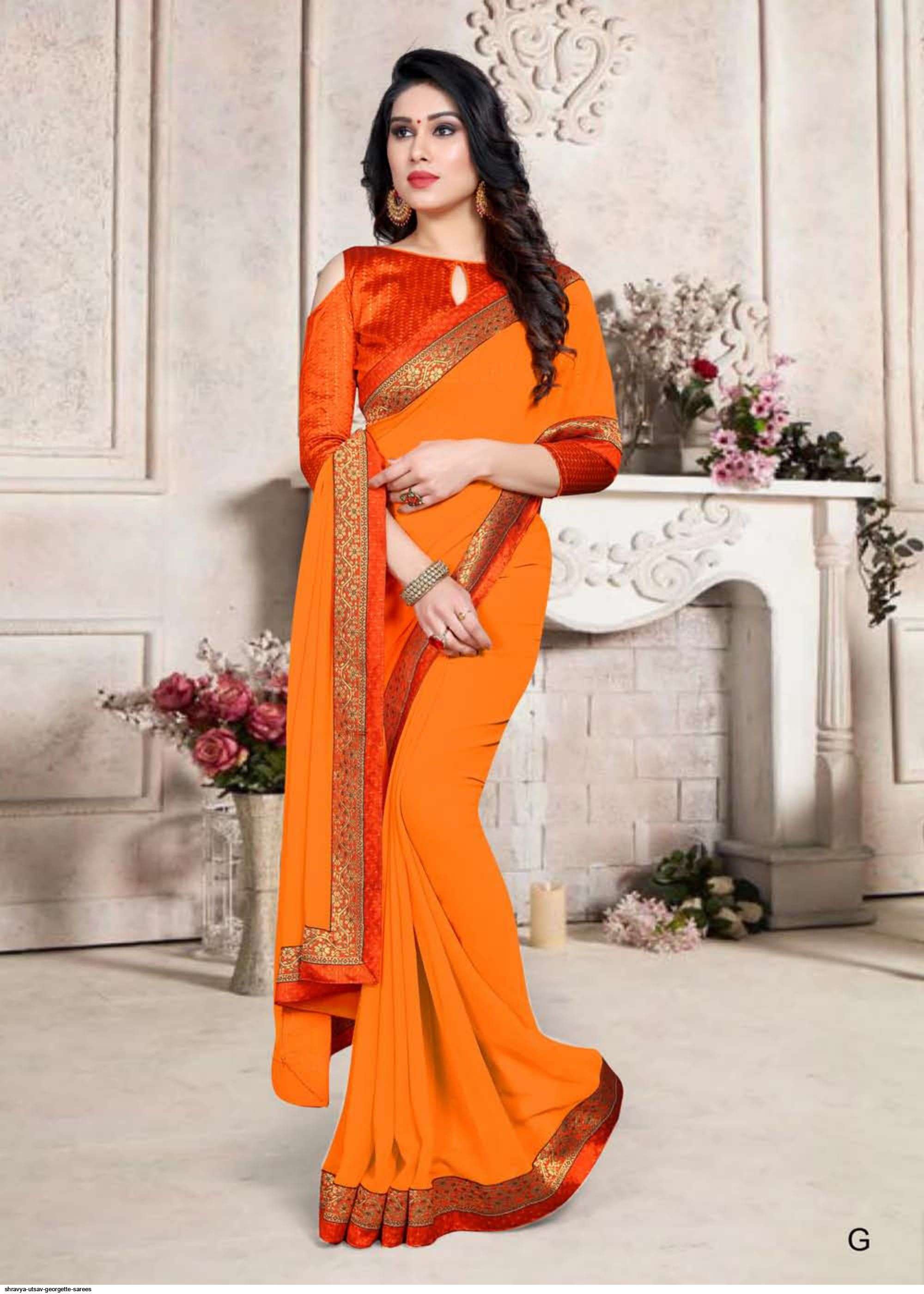 UTSAV BY SHRAVYA A TO H SERIES INDIAN TRADITIONAL WEAR COLLECTION BEAUTIFUL STYLISH FANCY COLORFUL PARTY WEAR & OCCASIONAL WEAR GEORGETTE SAREES AT WHOLESALE PRICE