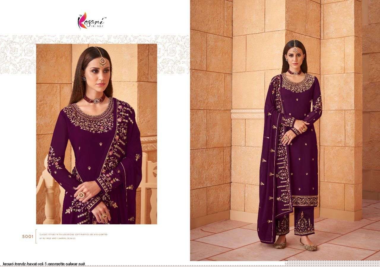 HAYAT VOL-1 BY KESARI TRENDZ 5001 TO 5005 SERIES BEAUTIFUL WINTER COLLECTION SUITS STYLISH FANCY COLORFUL CASUAL WEAR & ETHNIC WEAR HEAVY GEORGETTE EMBROIDERED DRESSES AT WHOLESALE PRICE