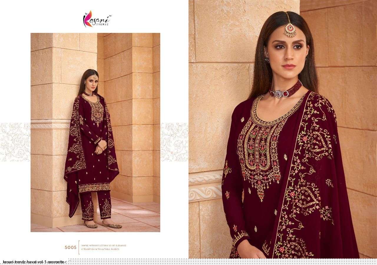 HAYAT VOL-1 BY KESARI TRENDZ 5001 TO 5005 SERIES BEAUTIFUL WINTER COLLECTION SUITS STYLISH FANCY COLORFUL CASUAL WEAR & ETHNIC WEAR HEAVY GEORGETTE EMBROIDERED DRESSES AT WHOLESALE PRICE