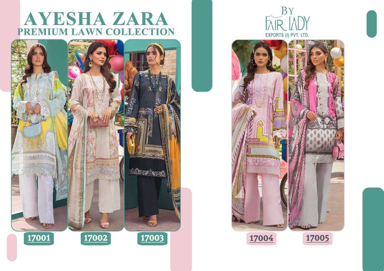 AYESHA ZARA PREMIUM LAWN COLLECTION BY FAIR LADY 17001 TO 17005 SERIES BEAUTIFUL ANARKALI SUITS STYLISH FANCY COLORFUL PARTY WEAR & ETHNIC WEAR LAWN COTTON PRINT WITH EMBROIDERED DRESSES AT WHOLESALE PRICE