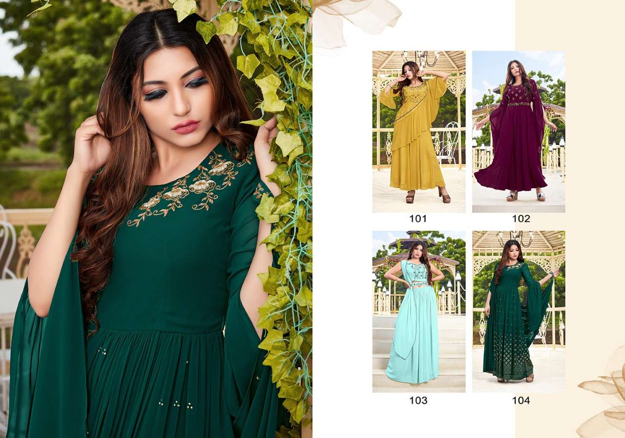 COCKTAIL BY VIVILS PRINT 101 TO 104 SERIES BEAUTIFUL STYLISH FANCY COLORFUL CASUAL WEAR & ETHNIC WEAR PURE GEORGETTE GOWNS AT WHOLESALE PRICE