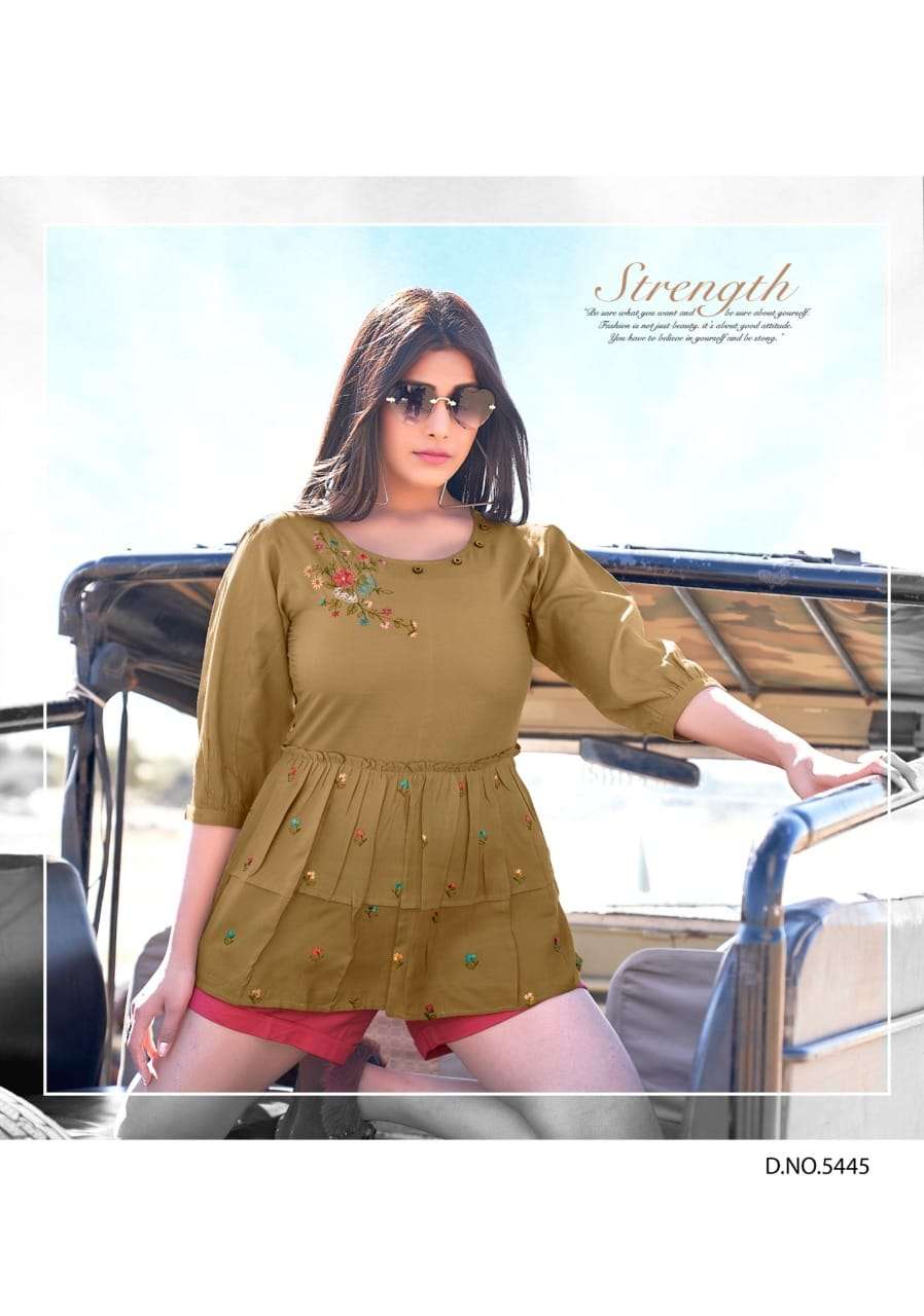 TOPSY VOL-14 BY YAMI FASHION 5441 TO 5449 SERIES BEAUTIFUL STYLISH FANCY COLORFUL CASUAL WEAR & ETHNIC WEAR HEAVY RAYON EMBROIDERED TOPS AT WHOLESALE PRICE
