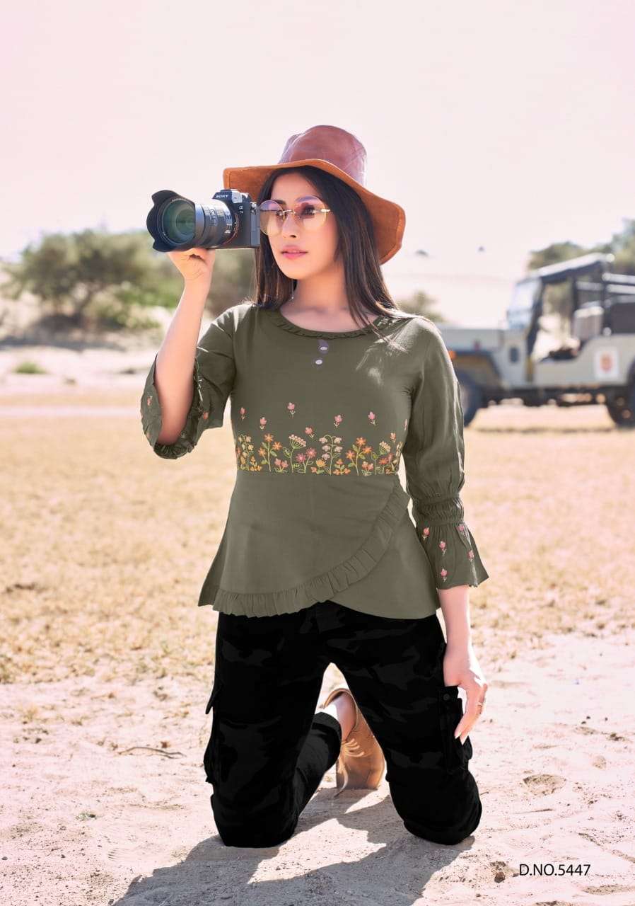 TOPSY VOL-14 BY YAMI FASHION 5441 TO 5449 SERIES BEAUTIFUL STYLISH FANCY COLORFUL CASUAL WEAR & ETHNIC WEAR HEAVY RAYON EMBROIDERED TOPS AT WHOLESALE PRICE