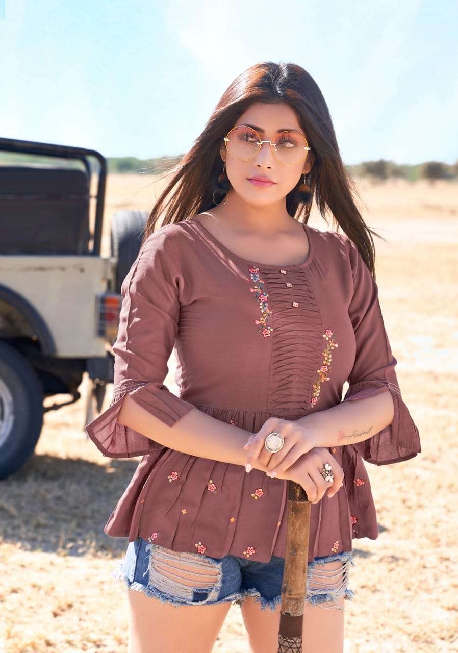 TOPSY VOL-14 BY YAMI FASHION 5441 TO 5449 SERIES BEAUTIFUL STYLISH FANCY COLORFUL CASUAL WEAR & ETHNIC WEAR HEAVY RAYON EMBROIDERED TOPS AT WHOLESALE PRICE