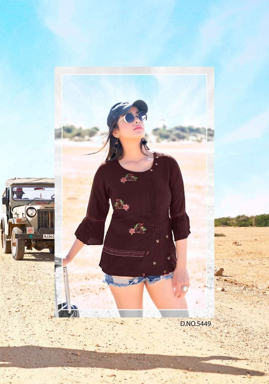 TOPSY VOL-14 BY YAMI FASHION 5441 TO 5449 SERIES BEAUTIFUL STYLISH FANCY COLORFUL CASUAL WEAR & ETHNIC WEAR HEAVY RAYON EMBROIDERED TOPS AT WHOLESALE PRICE