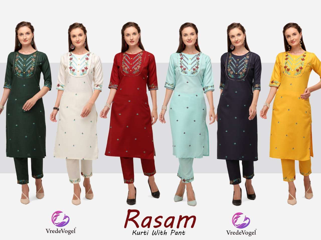 RASAM BY VREDE VOGEL 01 TO 06 SERIES DESIGNER STYLISH FANCY COLORFUL BEAUTIFUL PARTY WEAR & ETHNIC WEAR COLLECTION COTTON EMBROIDERY KURTIS WITH BOTTOM AT WHOLESALE PRICE
