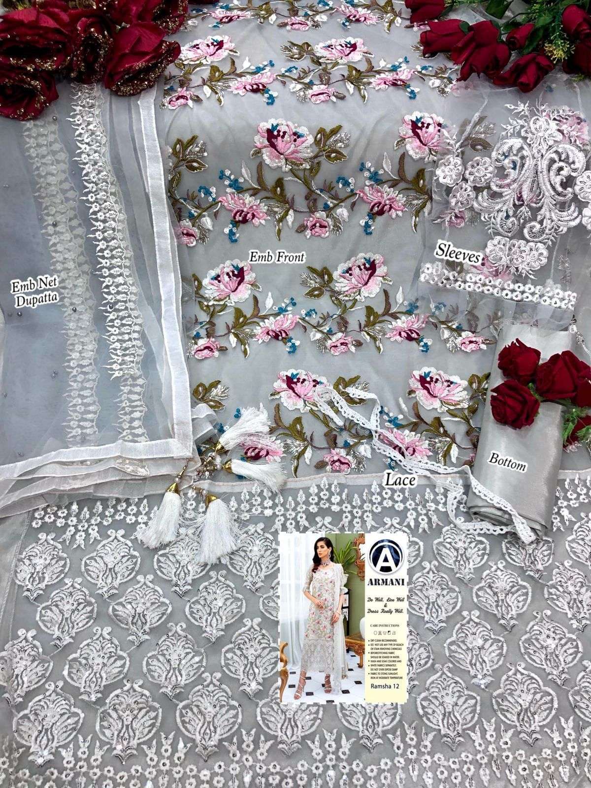 RAMSHA 12 BY ARMANI PAKISTANI SUITS BEAUTIFUL FANCY COLORFUL STYLISH PARTY WEAR & OCCASIONAL WEAR BUTTERFLY NET WITH EMBROIDERY DRESSES AT WHOLESALE PRICE